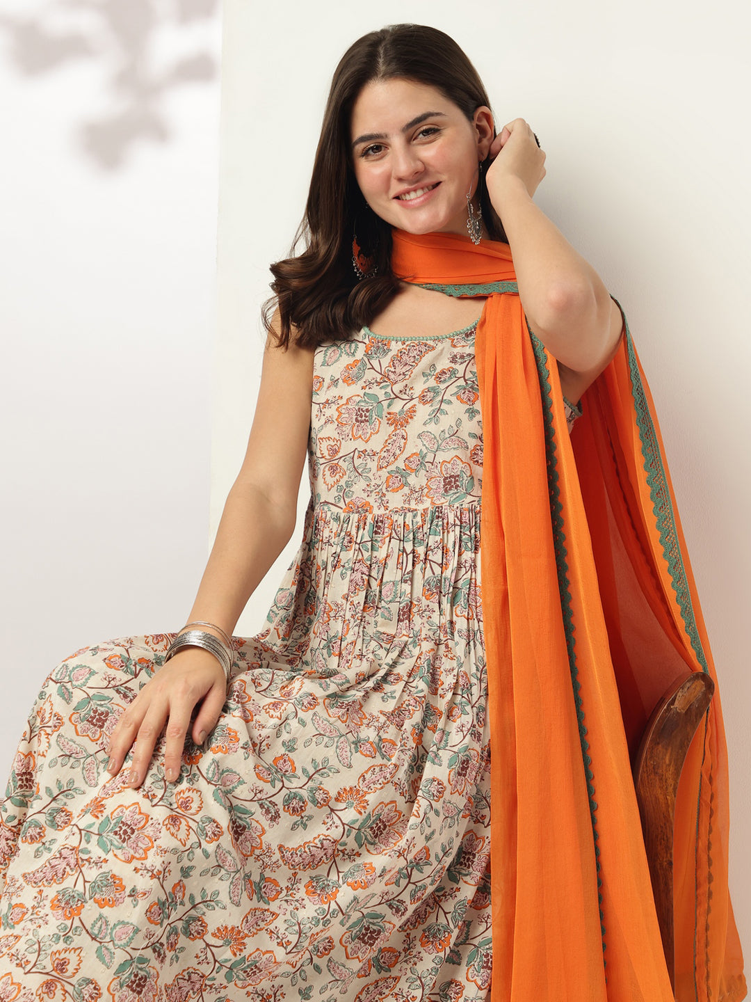 Janasya Light Cotton Floral A-Line Kurta Set