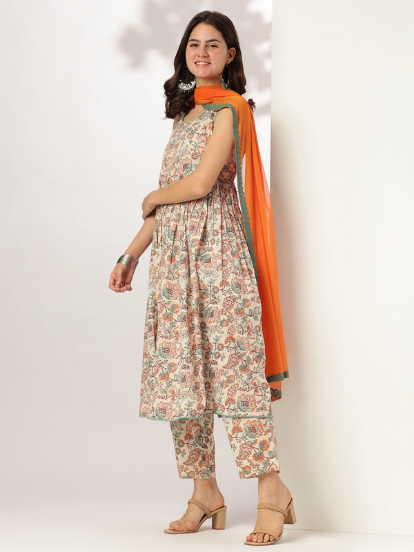 Janasya Light Cotton Floral A-Line Kurta Set