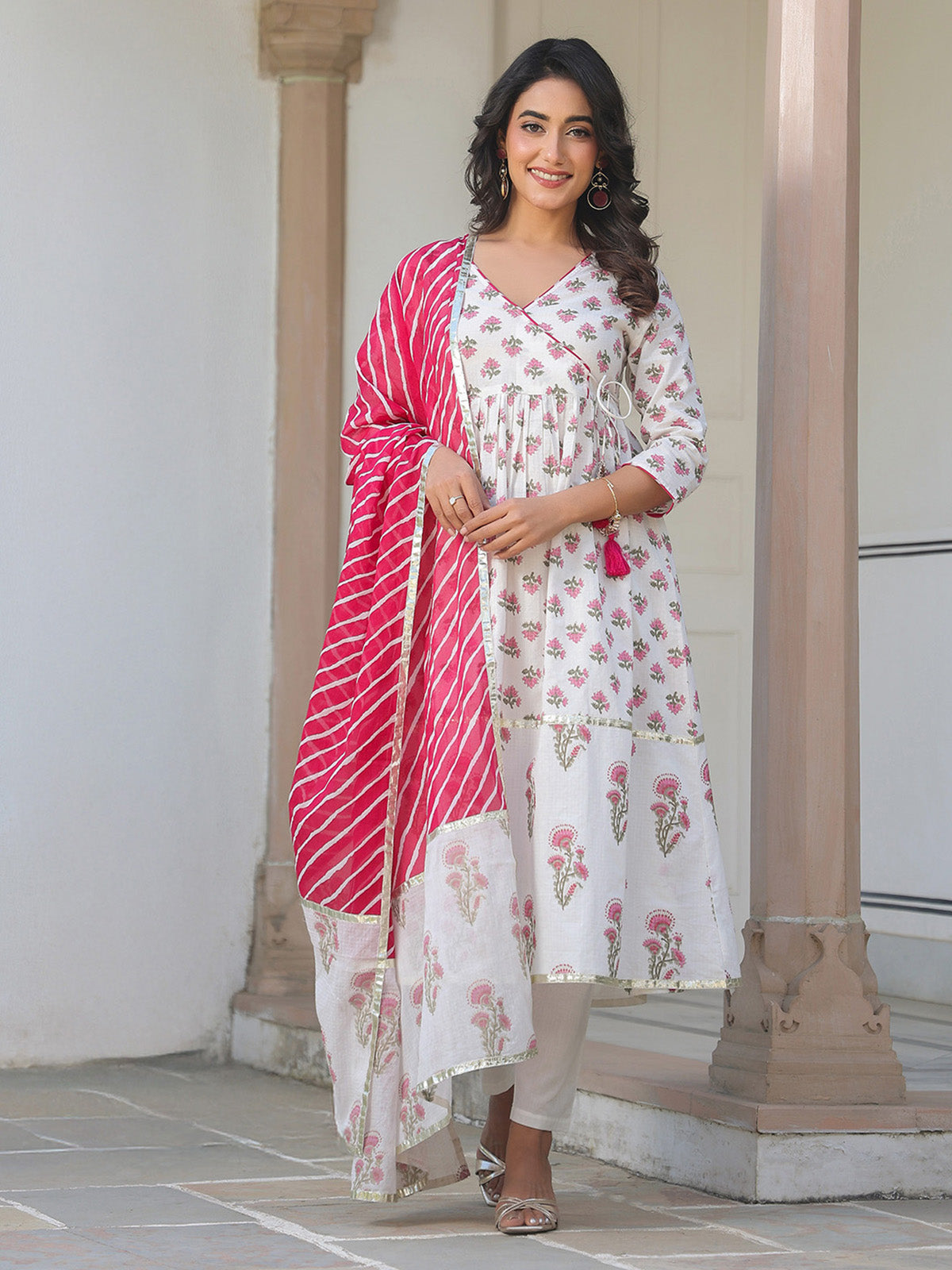Janasya Light Cotton Floral Angrakha Kurta Set