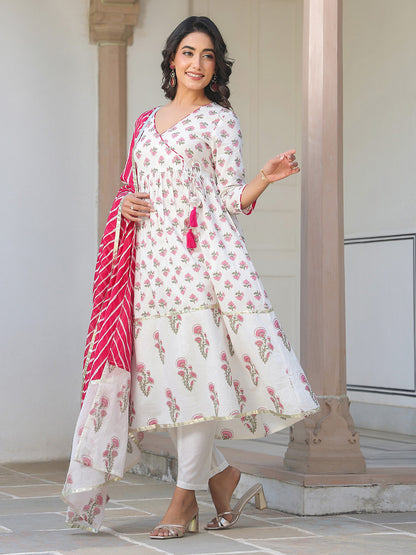 Janasya Light Cotton Floral Angrakha Kurta Set - Distacart