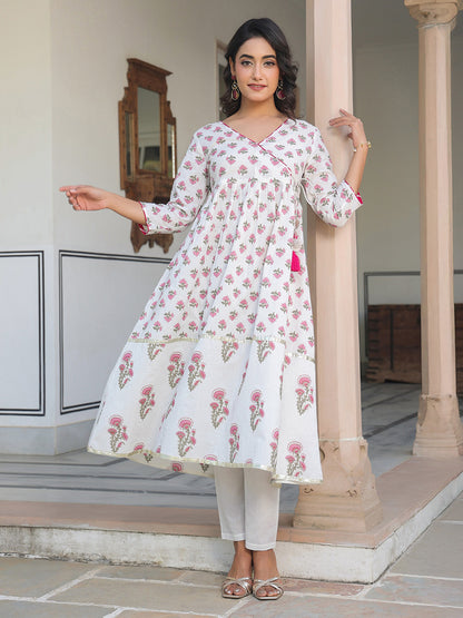 Janasya Light Cotton Floral Angrakha Kurta Set - Distacart