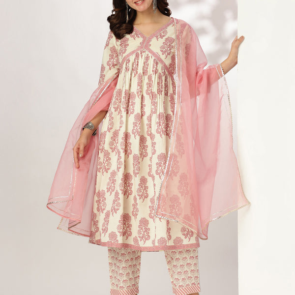 Janasya Light Cotton Floral A-Line Kurta Set - Distacart