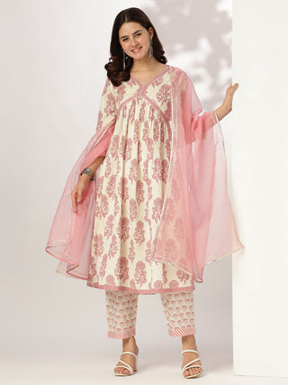 Janasya Light Cotton Floral A-Line Kurta Set