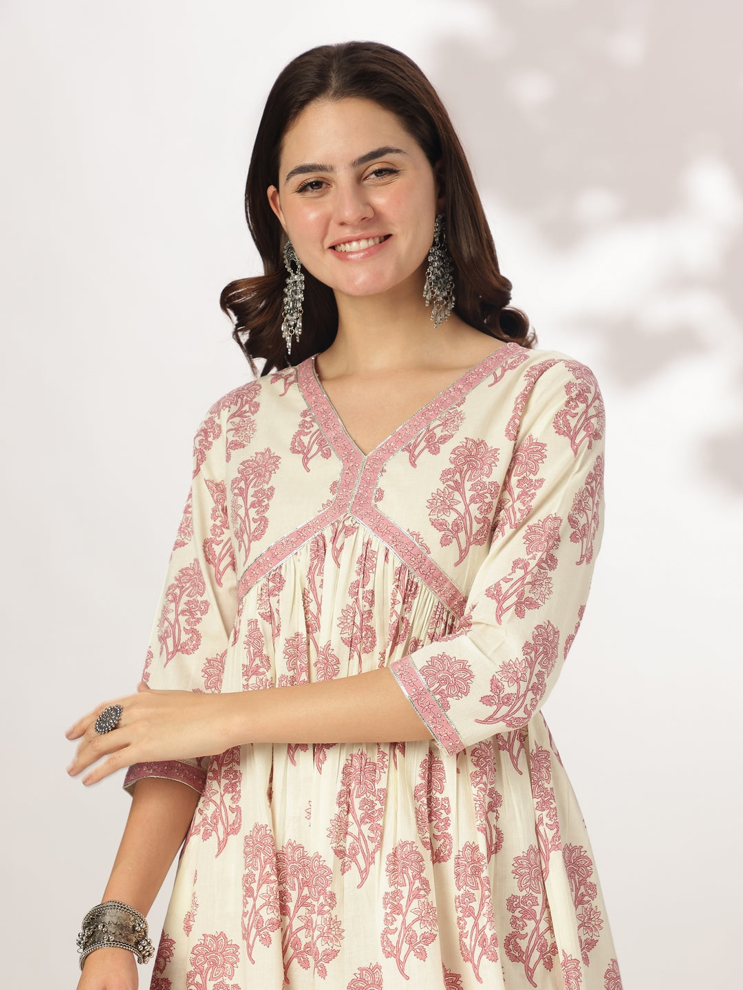 Janasya Light Cotton Floral A-Line Kurta Set
