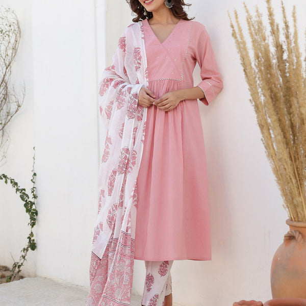 Janasya Light Cotton Embellished A-Line Kurta Set