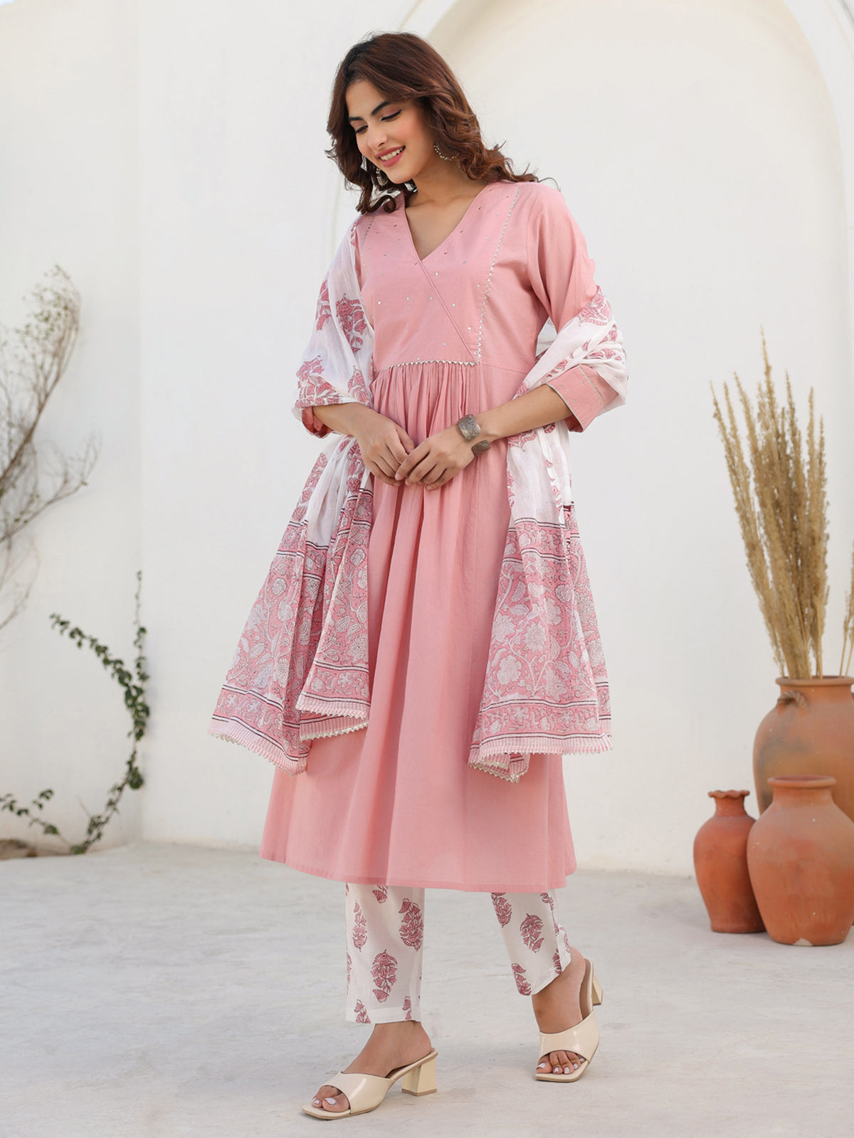 Janasya Light Cotton Embellished A-Line Kurta Set