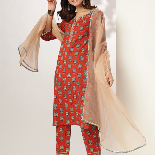 Janasya Bright Cotton Floral Straight Kurta Set