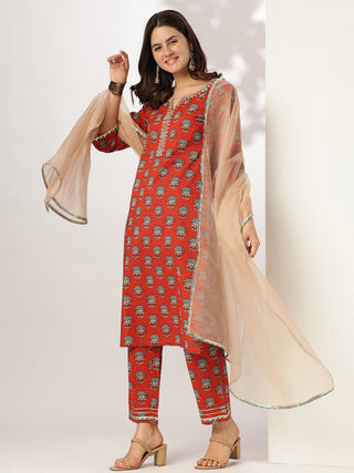 Janasya Bright Cotton Floral Straight Kurta Set
