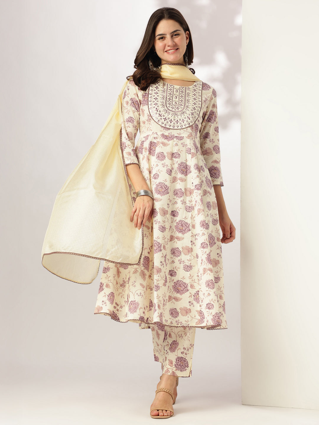 Janasya Light Cotton Floral Anarkali Kurta Set