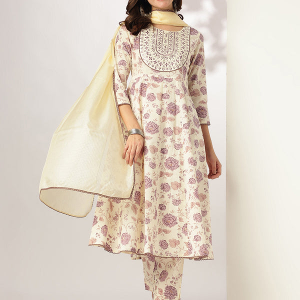 Janasya Light Cotton Floral Anarkali Kurta Set