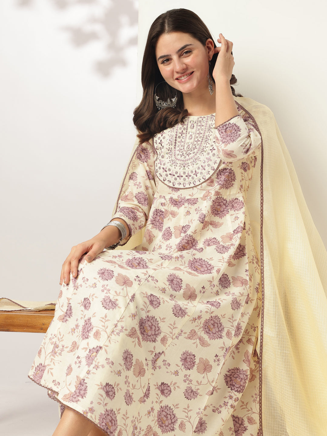 Janasya Light Cotton Floral Anarkali Kurta Set