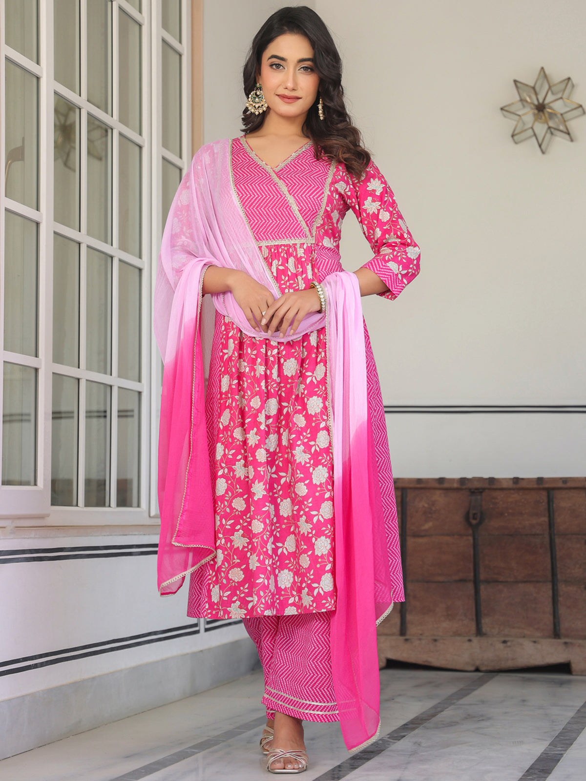 Janasya Bright Cotton Floral A-Line Kurta Set