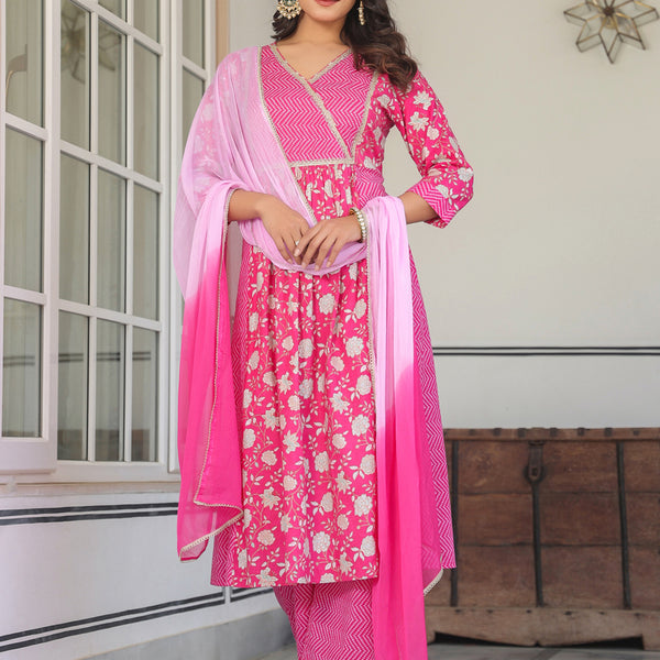 Janasya Bright Cotton Floral A-Line Kurta Set - Distacart