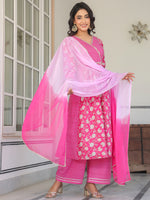 Thumbnail for Janasya Bright Cotton Floral A-Line Kurta Set