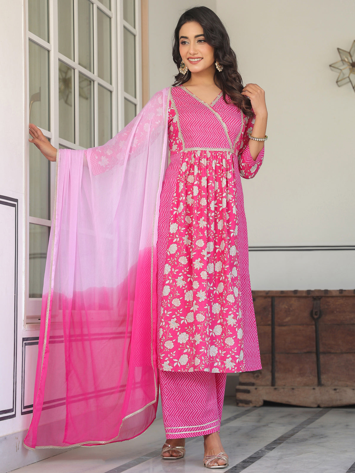 Janasya Bright Cotton Floral A-Line Kurta Set