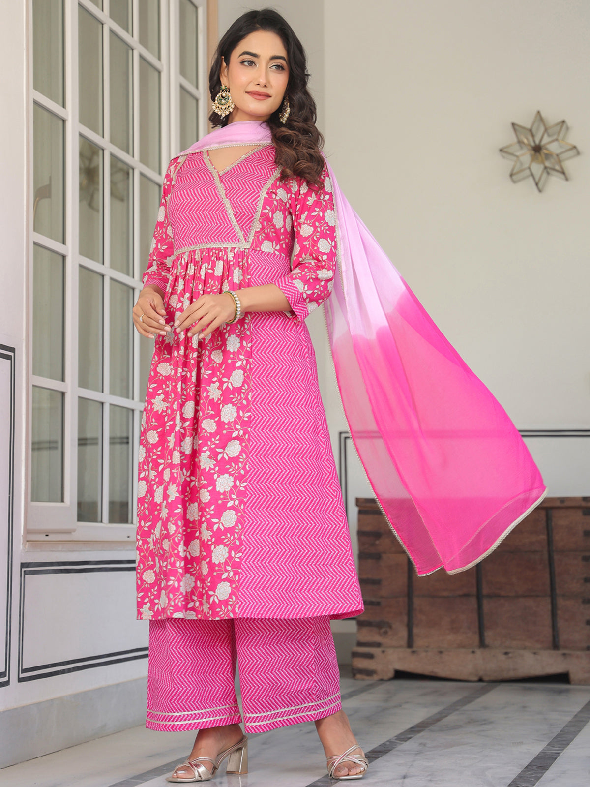Janasya Bright Cotton Floral A-Line Kurta Set