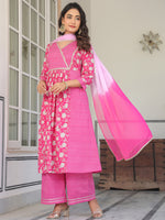 Thumbnail for Janasya Bright Cotton Floral A-Line Kurta Set