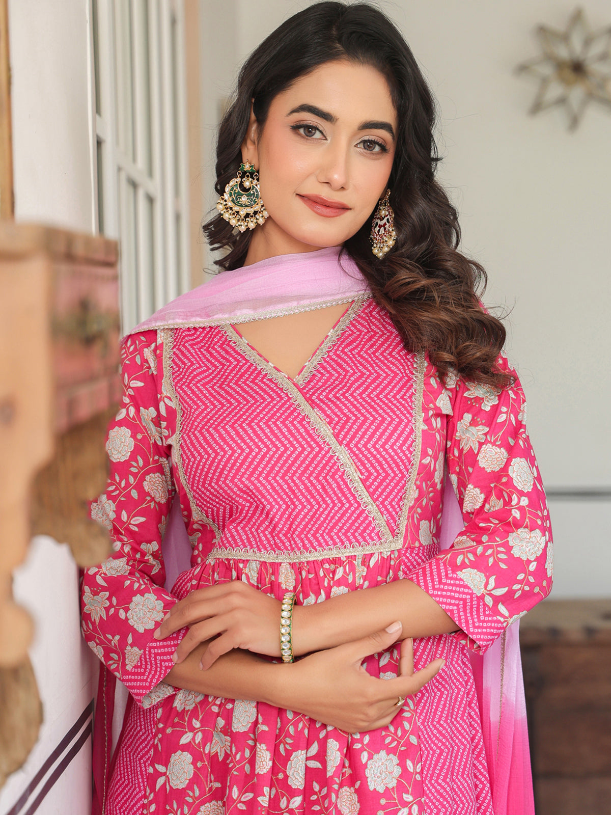 Janasya Bright Cotton Floral A-Line Kurta Set