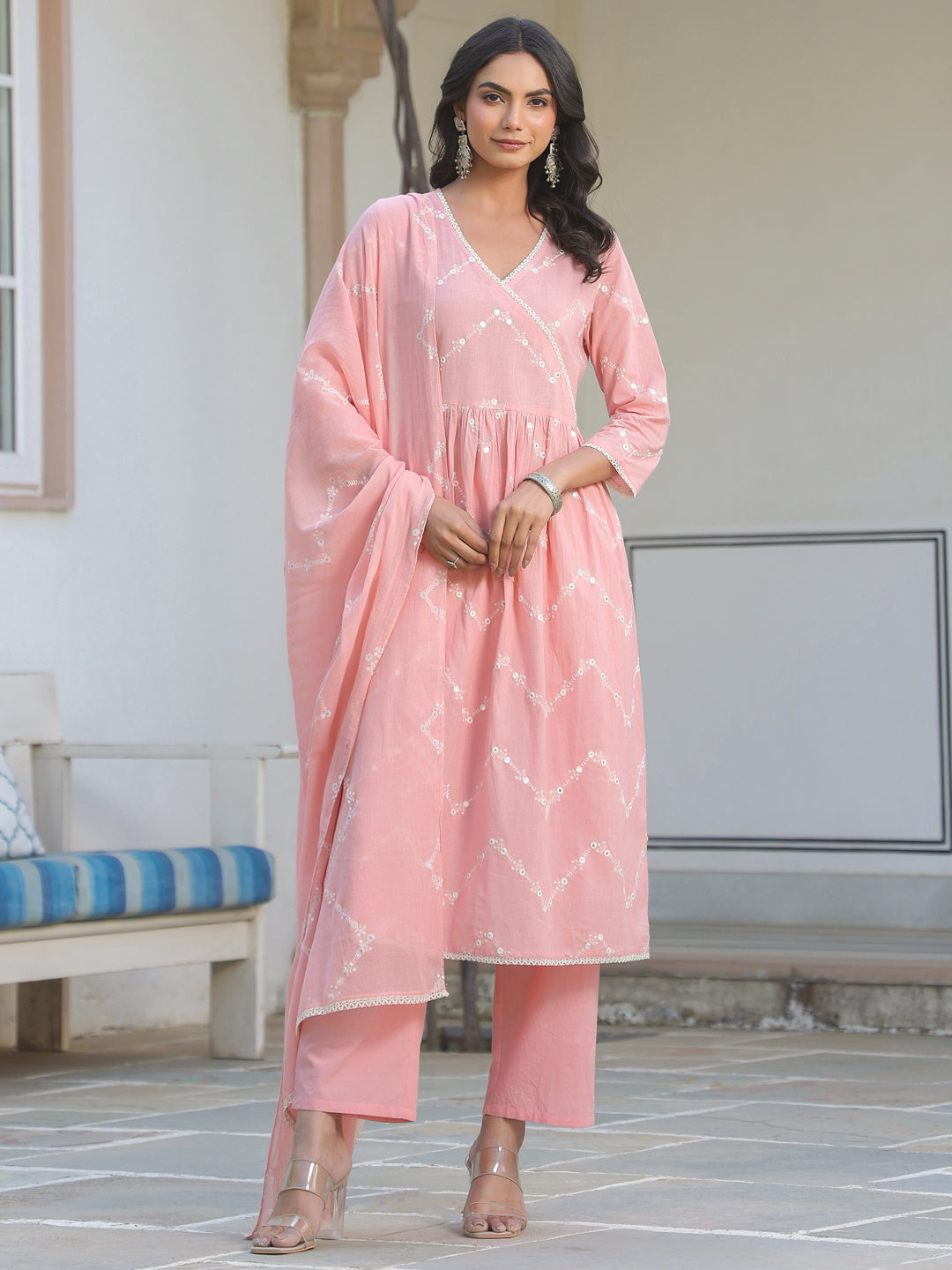 Janasya Light Cotton Embroidered A-Line Kurta Set
