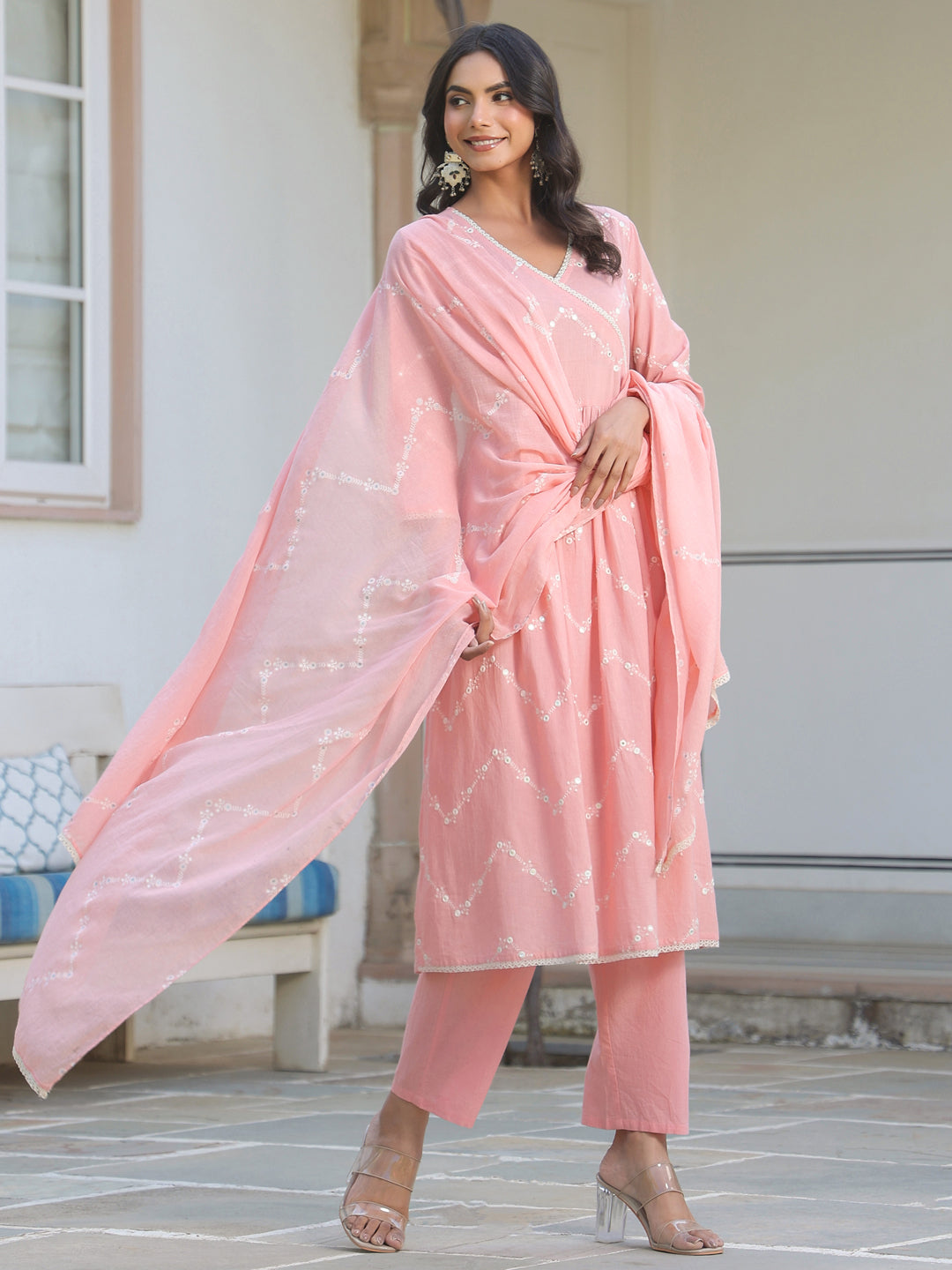 Janasya Light Cotton Embroidered A-Line Kurta Set