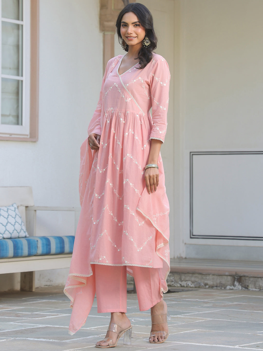 Janasya Light Cotton Embroidered A-Line Kurta Set
