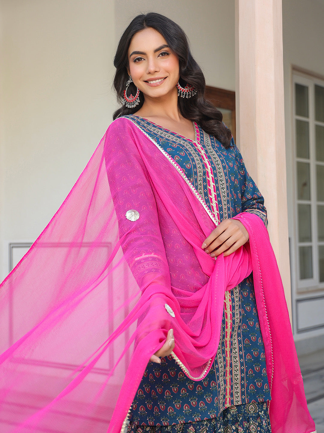 Janasya Dark Cotton Ethnic Motifs A-Line Kurta Set