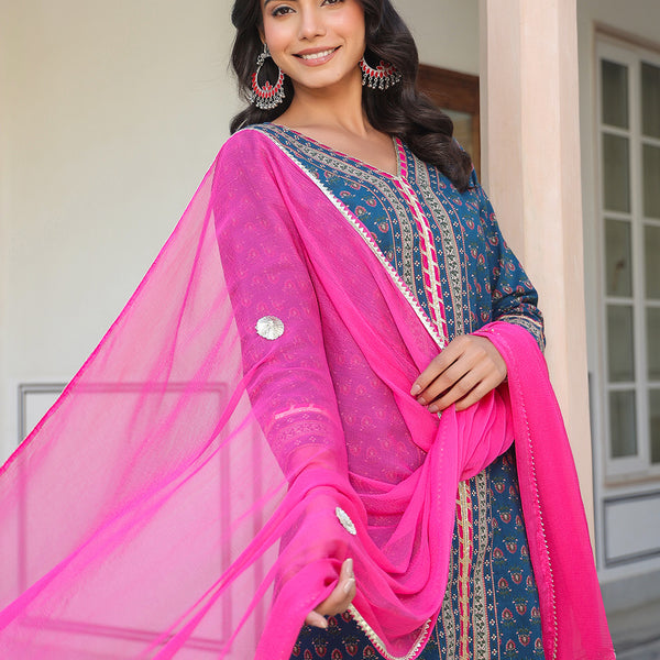 Janasya Dark Cotton Ethnic Motifs A-Line Kurta Set