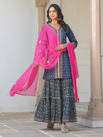 Thumbnail for Janasya Dark Cotton Ethnic Motifs A-Line Kurta Set