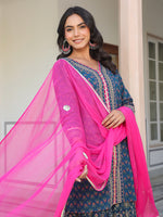 Thumbnail for Janasya Dark Cotton Ethnic Motifs A-Line Kurta Set