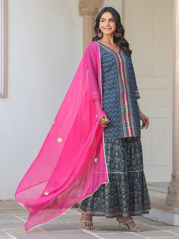 Janasya Dark Cotton Ethnic Motifs A-Line Kurta Set
