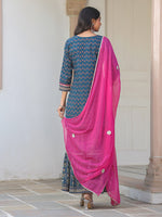 Thumbnail for Janasya Dark Cotton Ethnic Motifs A-Line Kurta Set