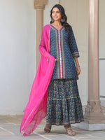 Thumbnail for Janasya Dark Cotton Ethnic Motifs A-Line Kurta Set