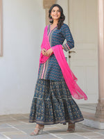 Thumbnail for Janasya Dark Cotton Ethnic Motifs A-Line Kurta Set