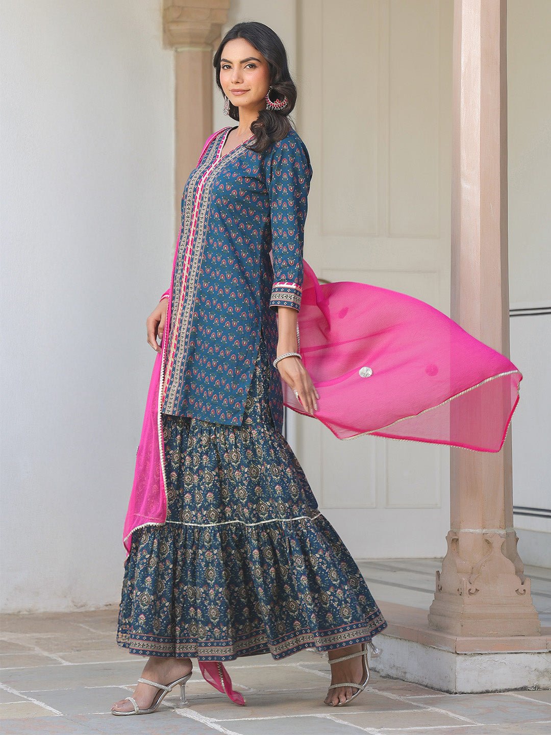 Janasya Dark Cotton Ethnic Motifs A-Line Kurta Set