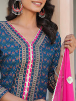 Thumbnail for Janasya Dark Cotton Ethnic Motifs A-Line Kurta Set