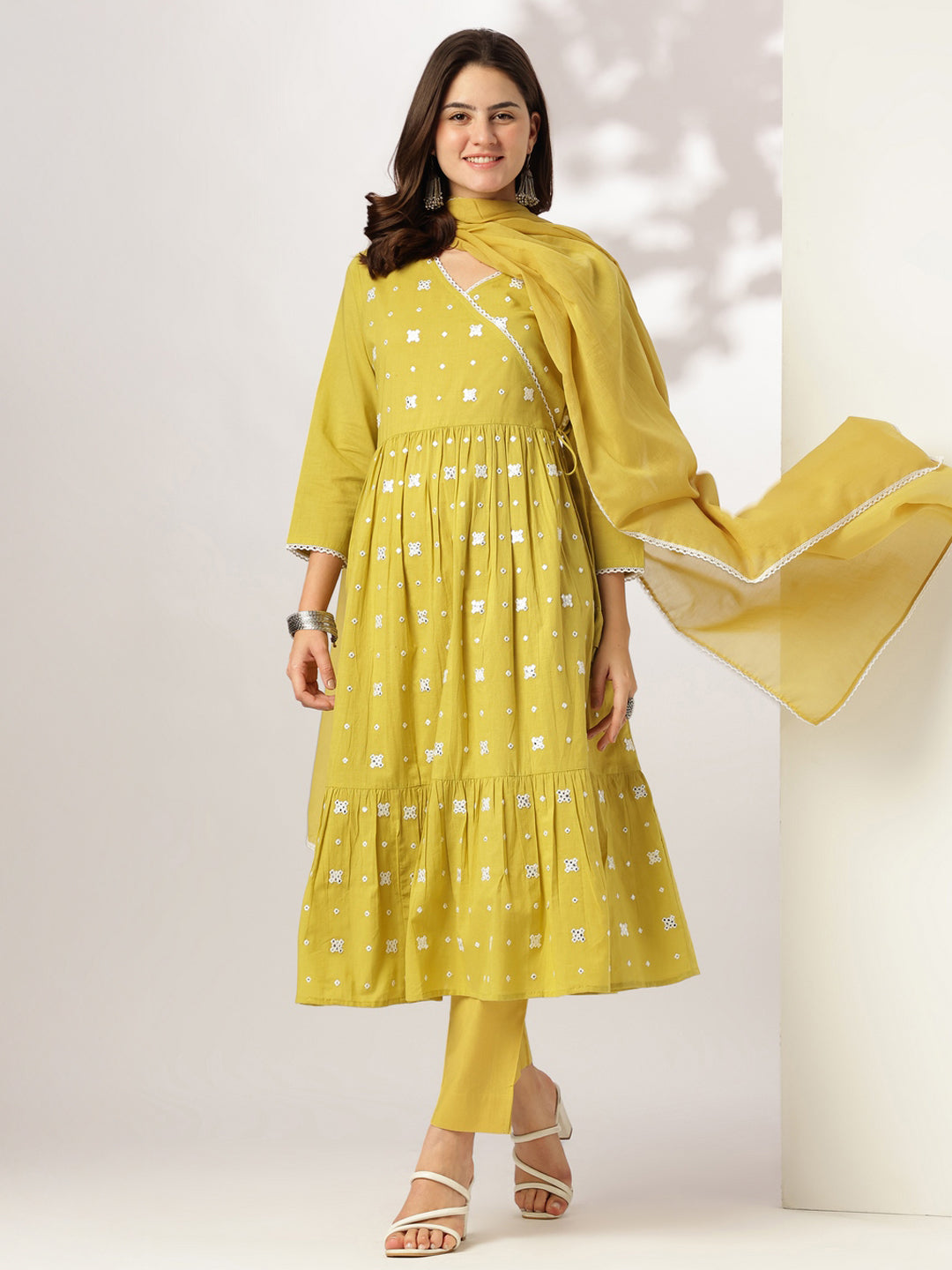 Janasya Bright Cotton Embroidered Angrakha Kurta Set
