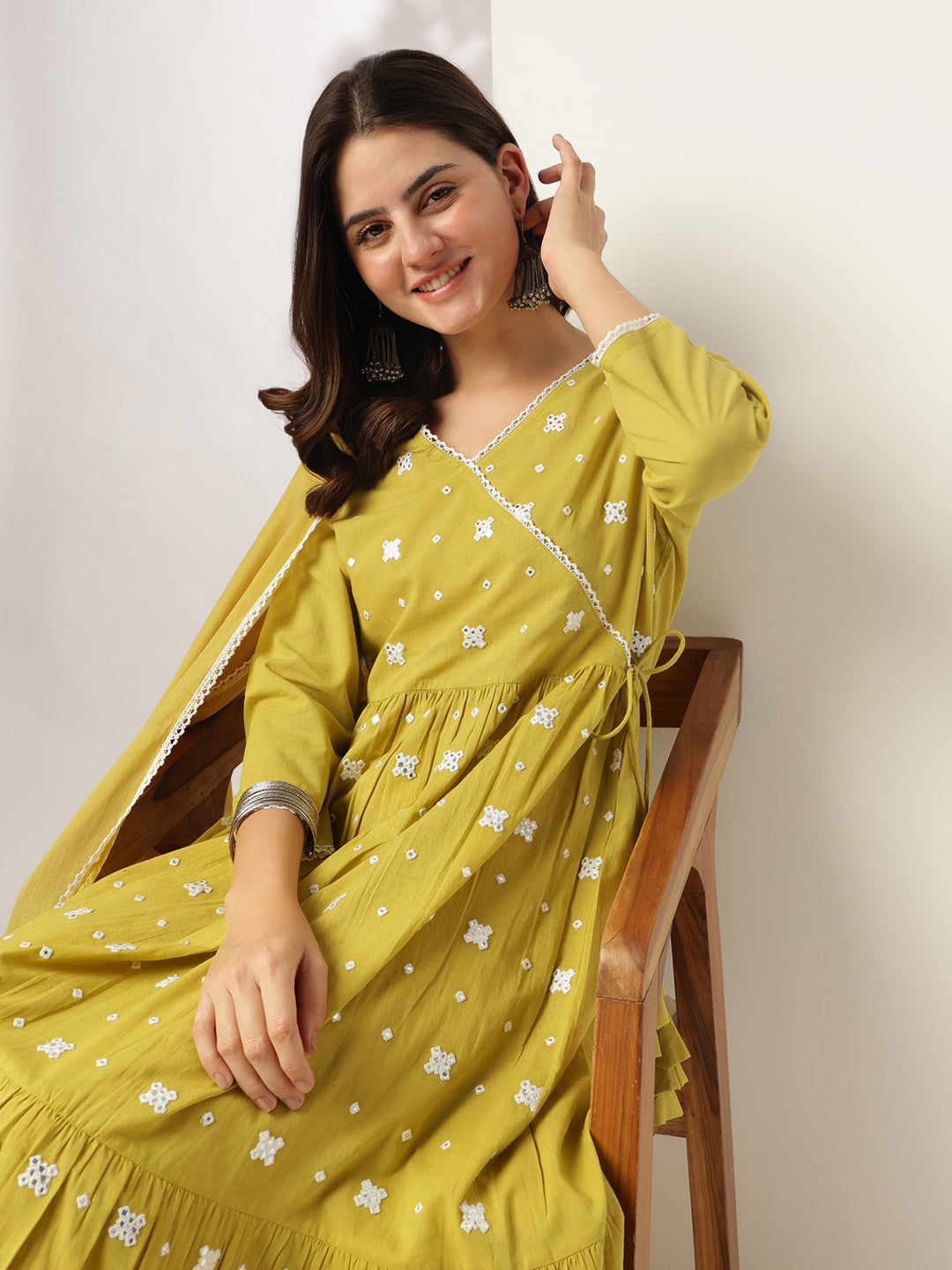 Janasya Bright Cotton Embroidered Angrakha Kurta Set