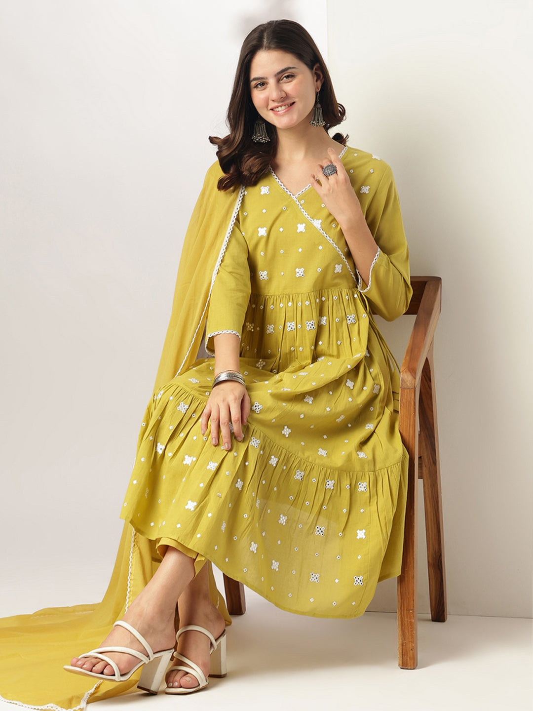 Janasya Bright Cotton Embroidered Angrakha Kurta Set