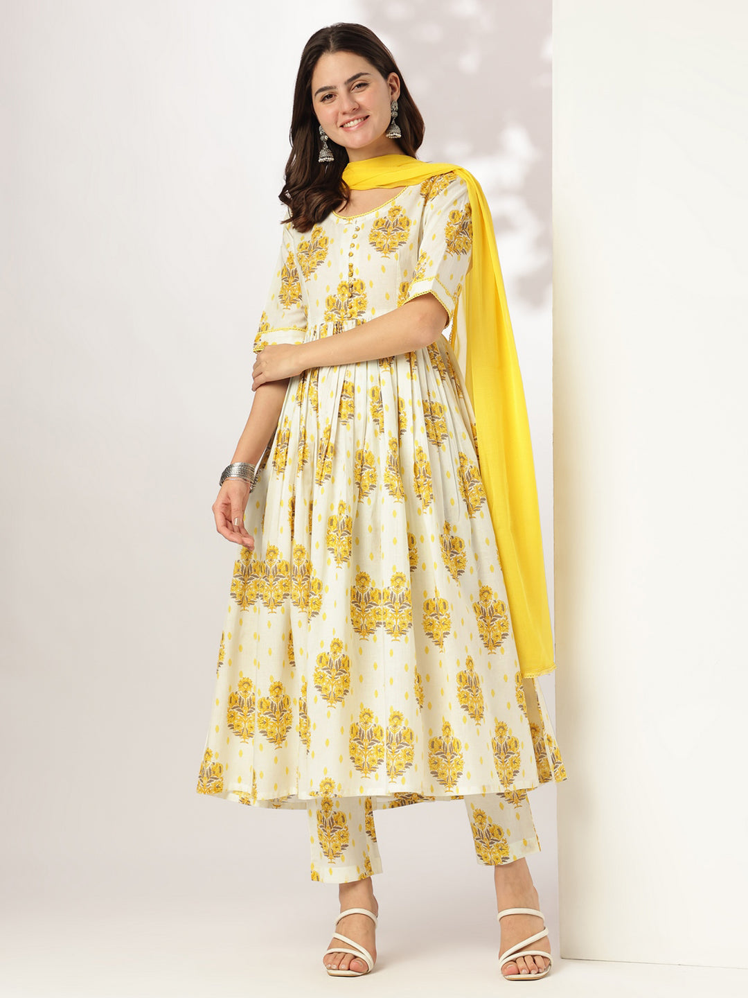 Janasya Light Cotton Floral A-Line Kurta Set