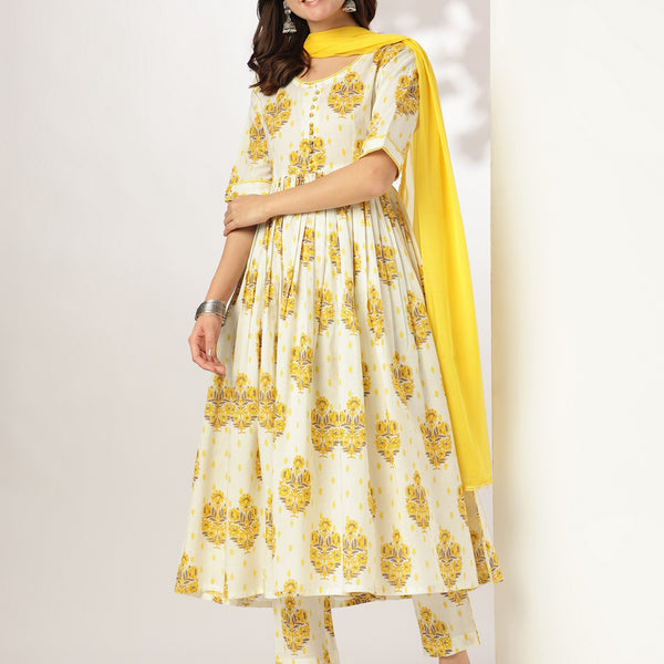 Janasya Light Cotton Floral A-Line Kurta Set