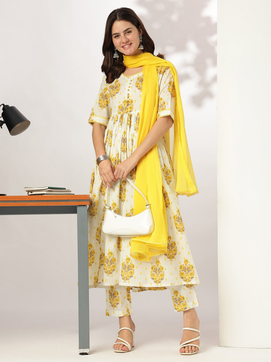 Janasya Light Cotton Floral A-Line Kurta Set