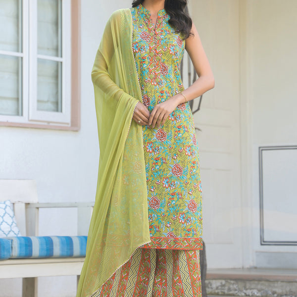 Janasya Bright Cotton Floral Straight Kurta Set