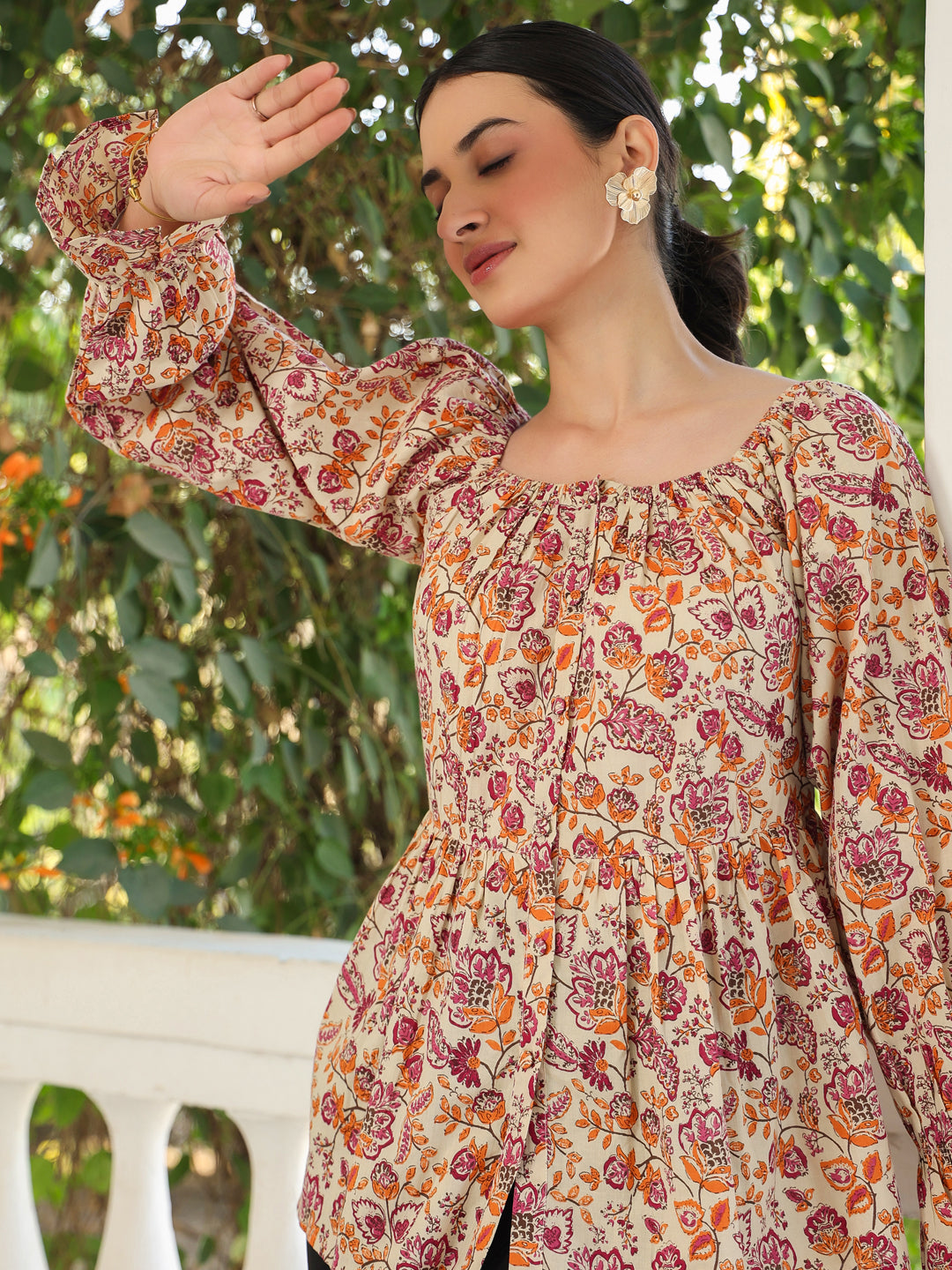 Janasya Light Cotton Floral Peplum Top