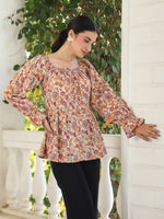 Thumbnail for Janasya Light Cotton Floral Peplum Top