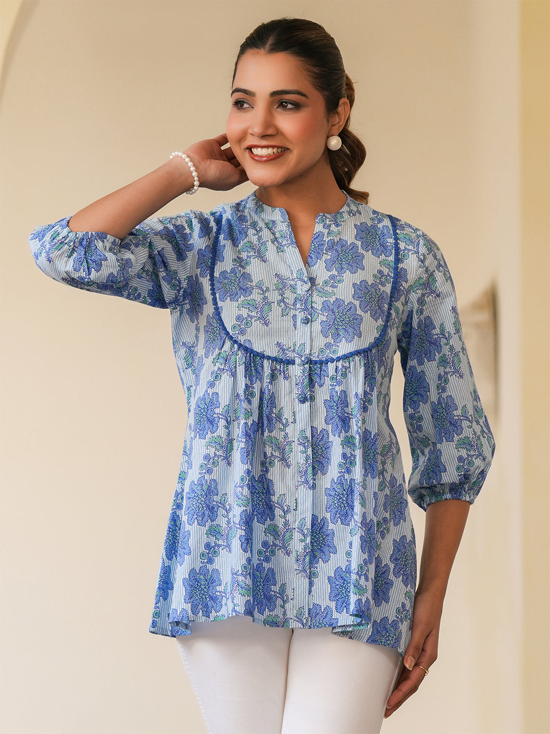 Janasya Light Cotton Floral A-Line Top