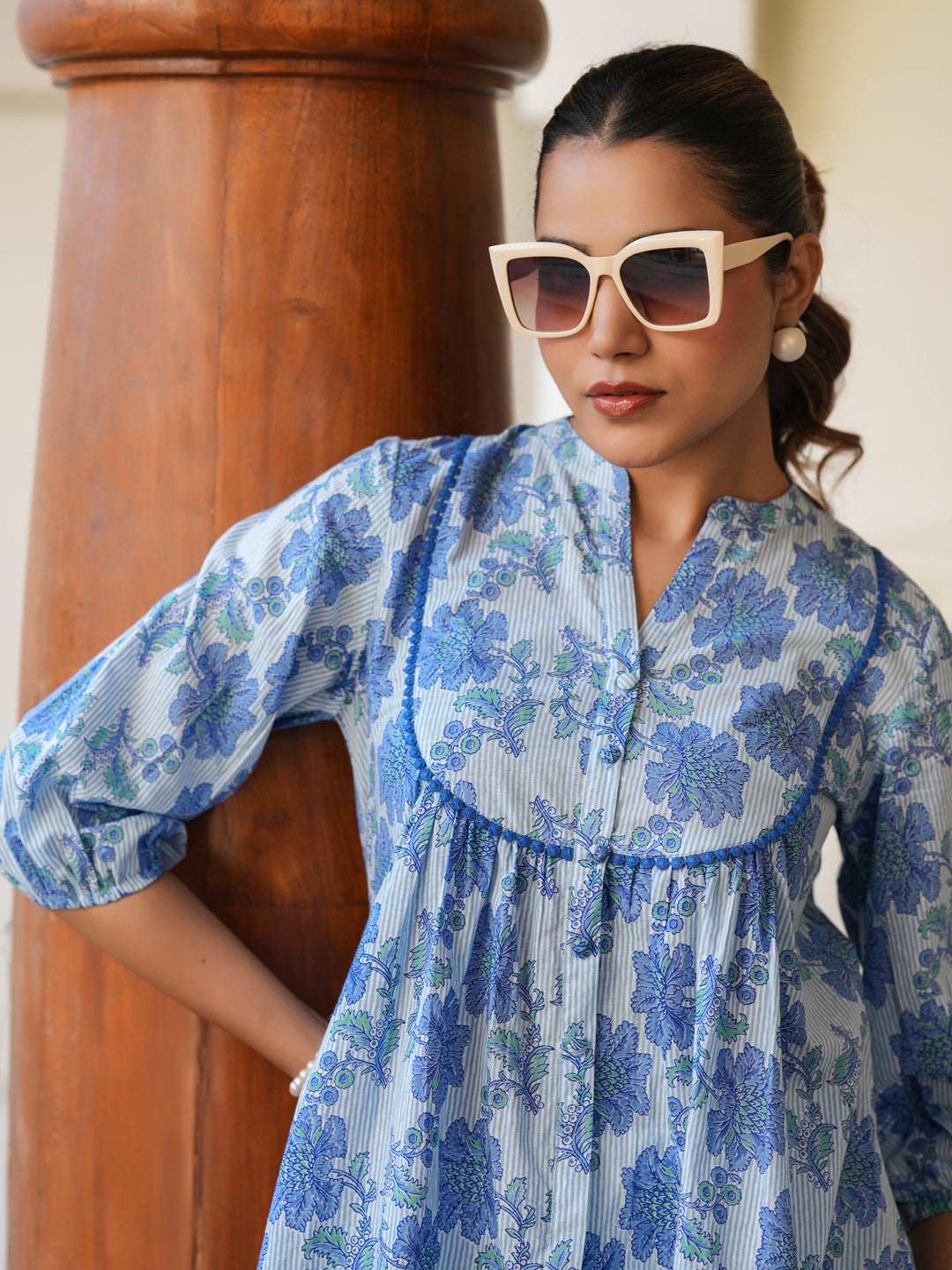 Janasya Light Cotton Floral A-Line Top