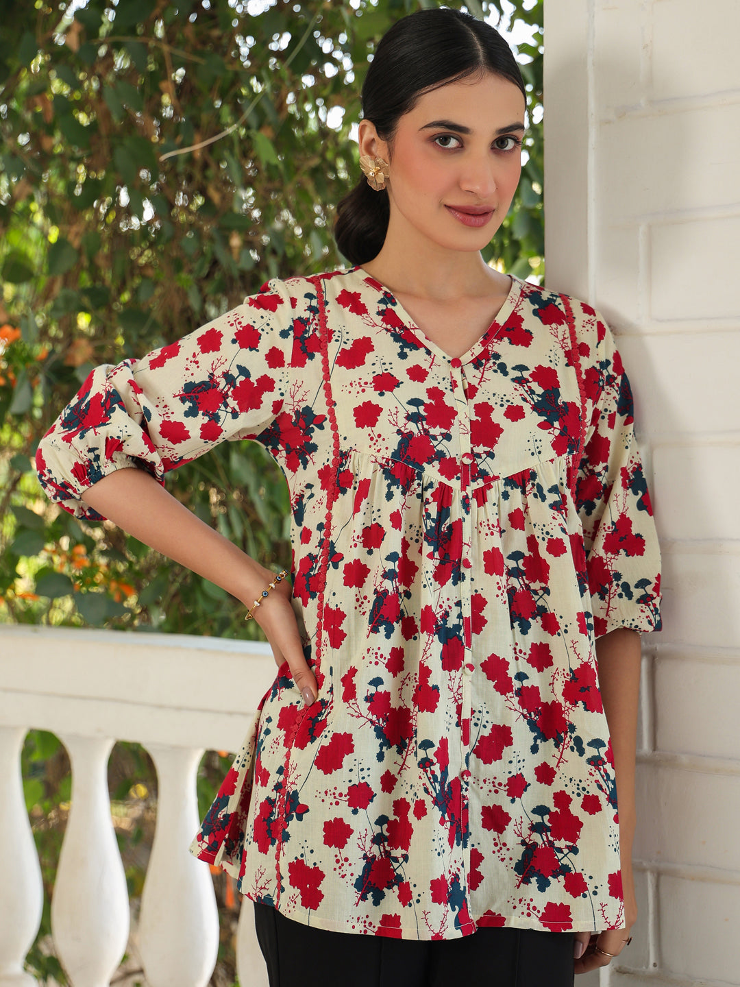 Janasya Light Cotton Floral A-Line Top