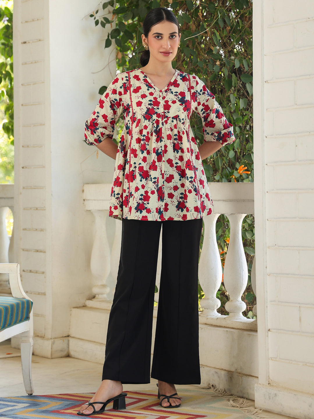 Janasya Light Cotton Floral A-Line Top