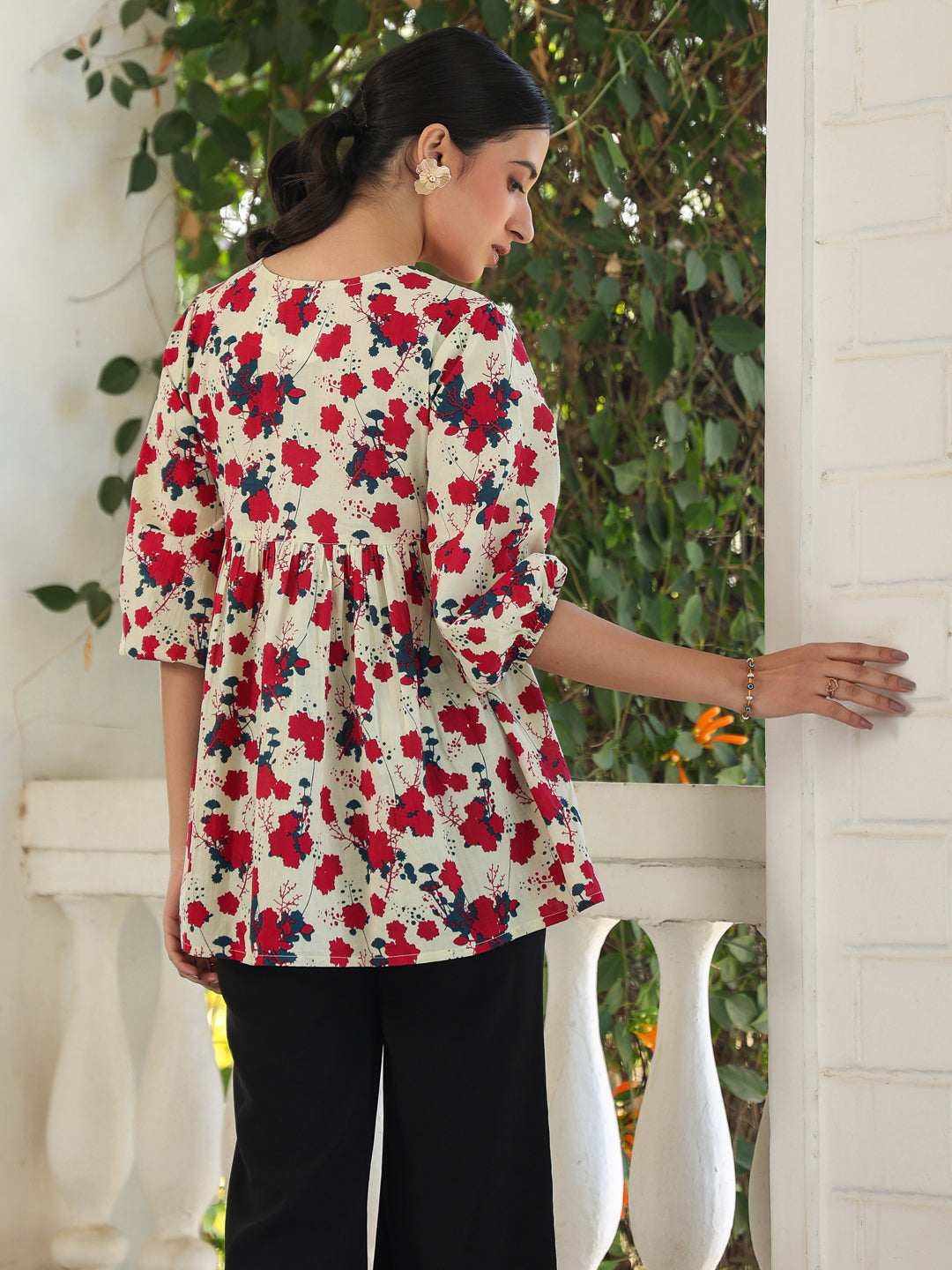 Janasya Light Cotton Floral A-Line Top