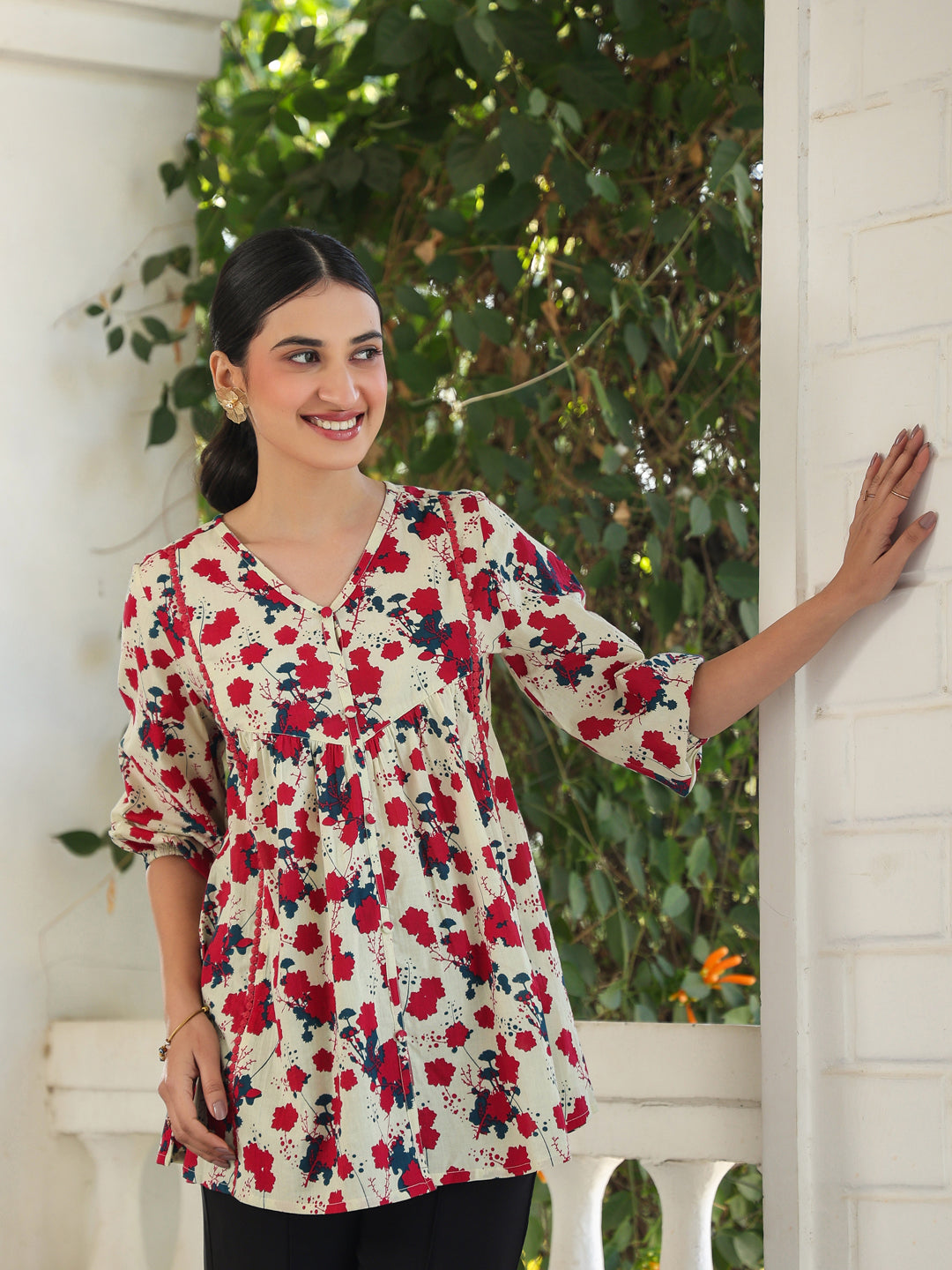 Janasya Light Cotton Floral A-Line Top